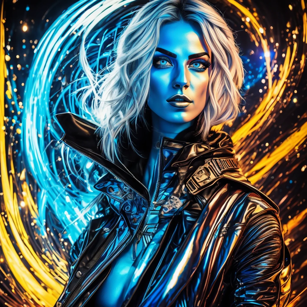 realistic CAUCASIC woman singer blue eyes, metallic skin, psichedelic colors, Giorgia Meloni, FASCIST WOMAN, glowing colors 