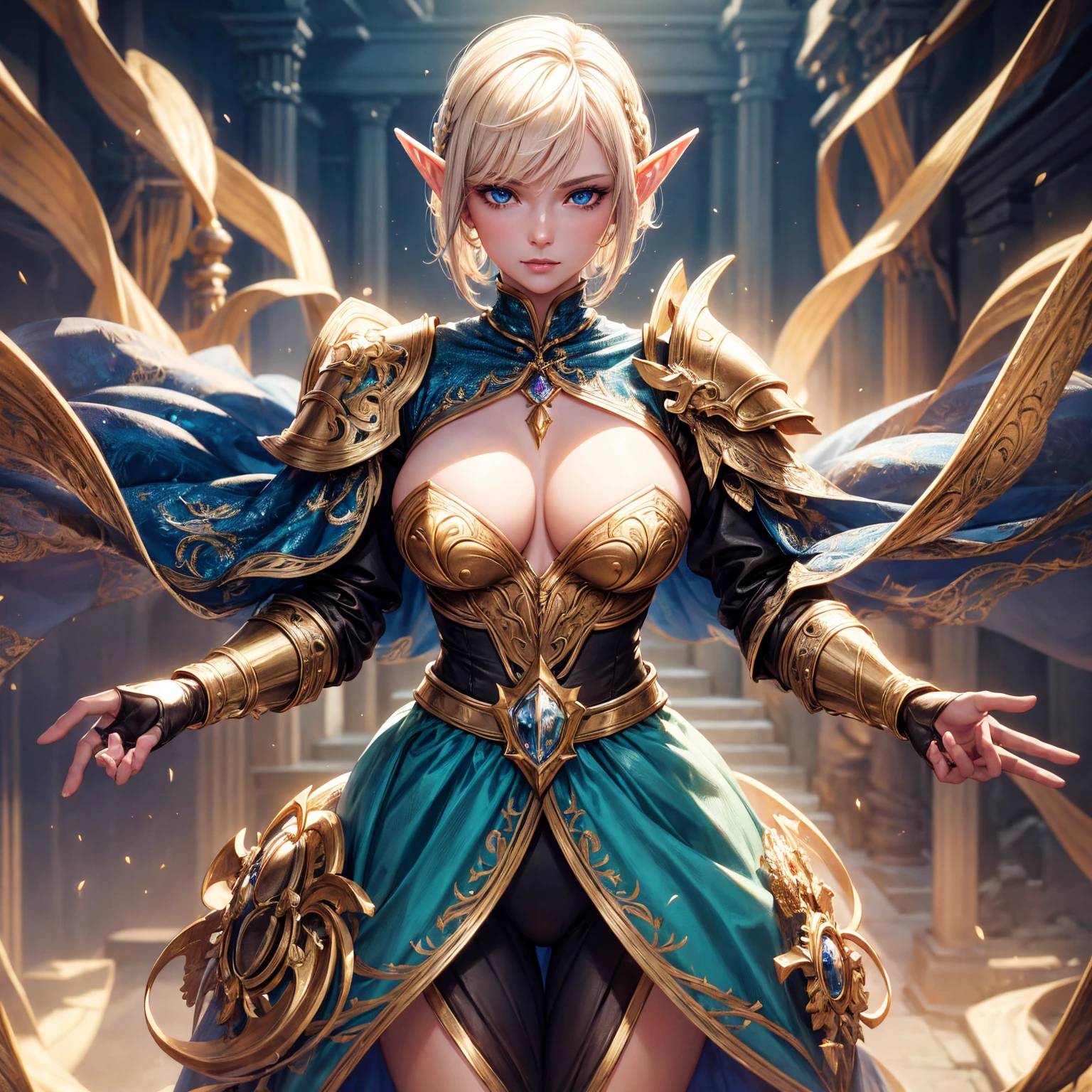 1girl, elf, short bob hair, gold hair!!!, very small breasts, long pointed ears, blue eyes, fair skin, happy face, white heavy armor plate,  full body, full body, dark cave, light magic, very sexy body, detailed face, beautiful detailed eyes, beautiful detailed lips, extremely detailed eyes and face, long eyelashes, detailed clothing, intricate details, highly detailed, photo realistic, 8k, best quality, masterpiece, cinematic lighting, dramatic lighting, vibrant colors, fantasy, digital art, concept art