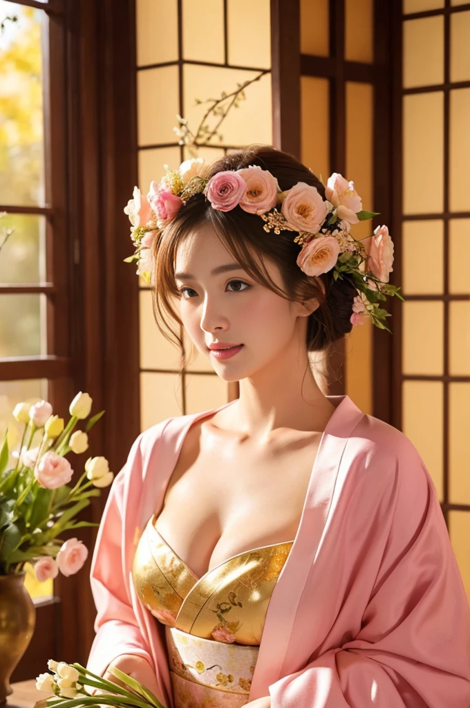 Large Breasts、pink kimono、Cinematic atmosphere、Professional composition、Natural Body、Gorgeous flower arrangement、flower arrangement、Golden Background