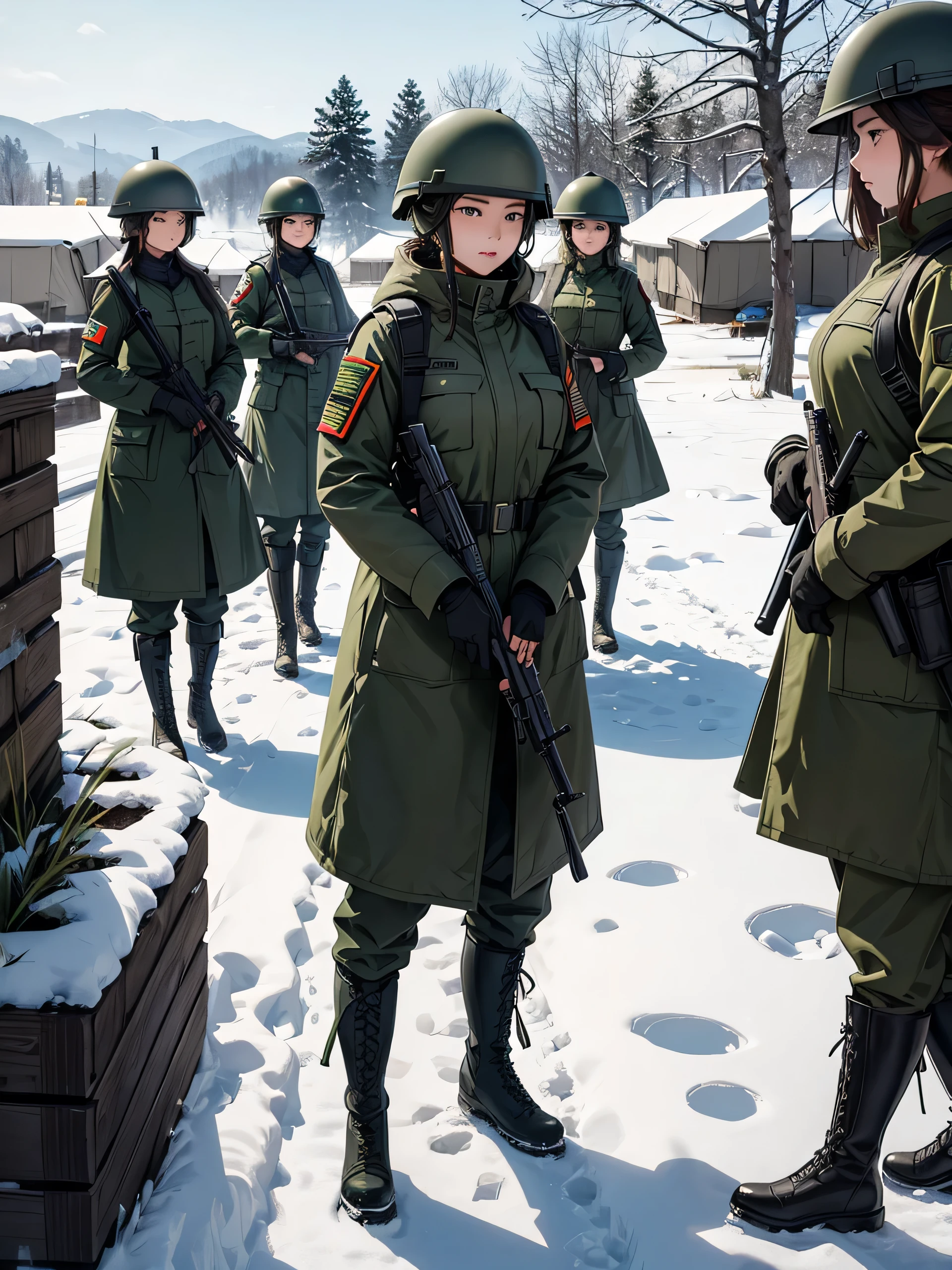 A group of female soldiers wearing dark green thick coats、Wearing a helmet、Wear military boots、Hold a gun in both hands、Guarding the military camp in the snow、Write details、masterpiece、best quality、Highly detailed CG、8K picture quality