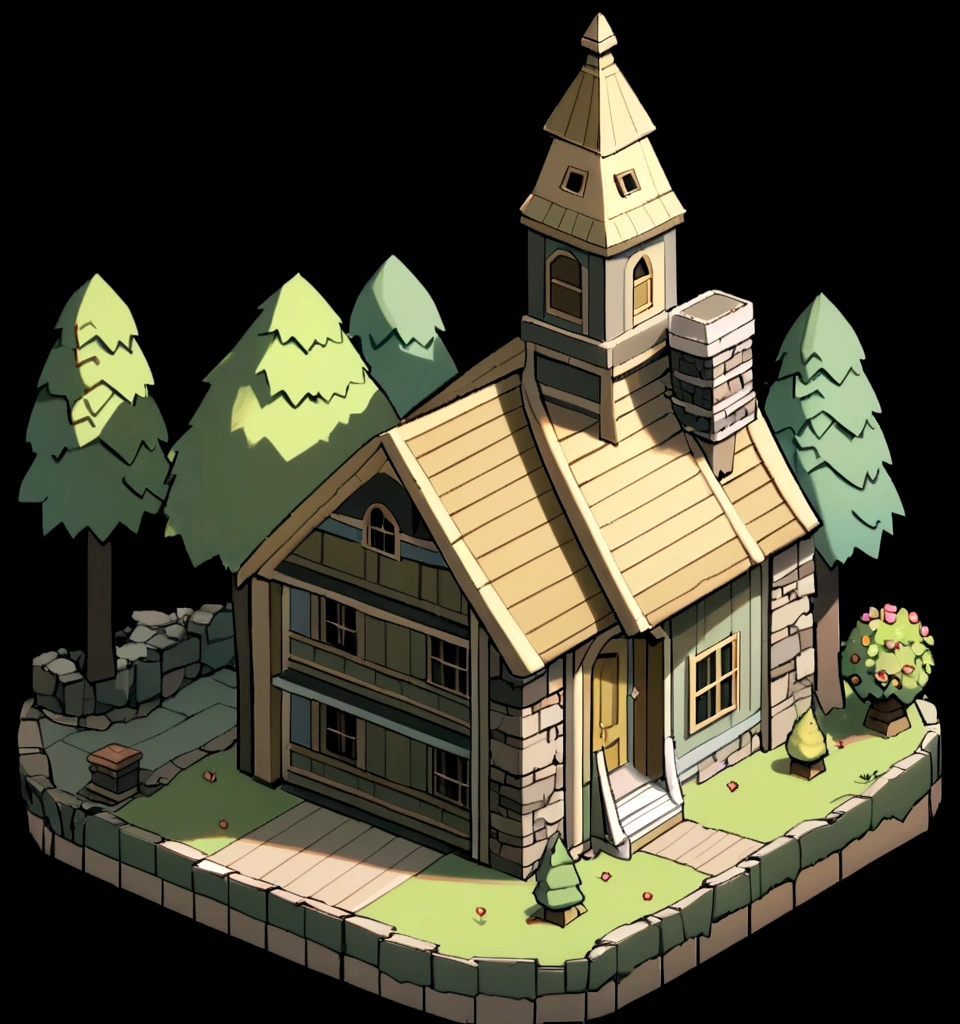 absurd, best quality, fancy, Isometric, style of playing (shabby rpg building, 작은 tree :1.2), tree, stonewall, (black background:1.2)