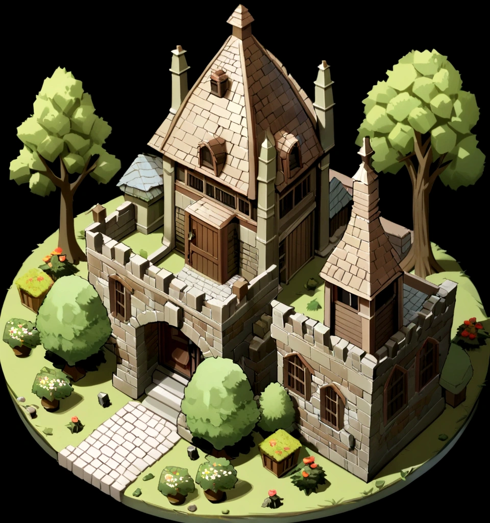 absurd, best quality, fancy, Isometric, style of playing (shabby rpg building, 작은 tree :1.2), tree, stonewall, (black background:1.2)