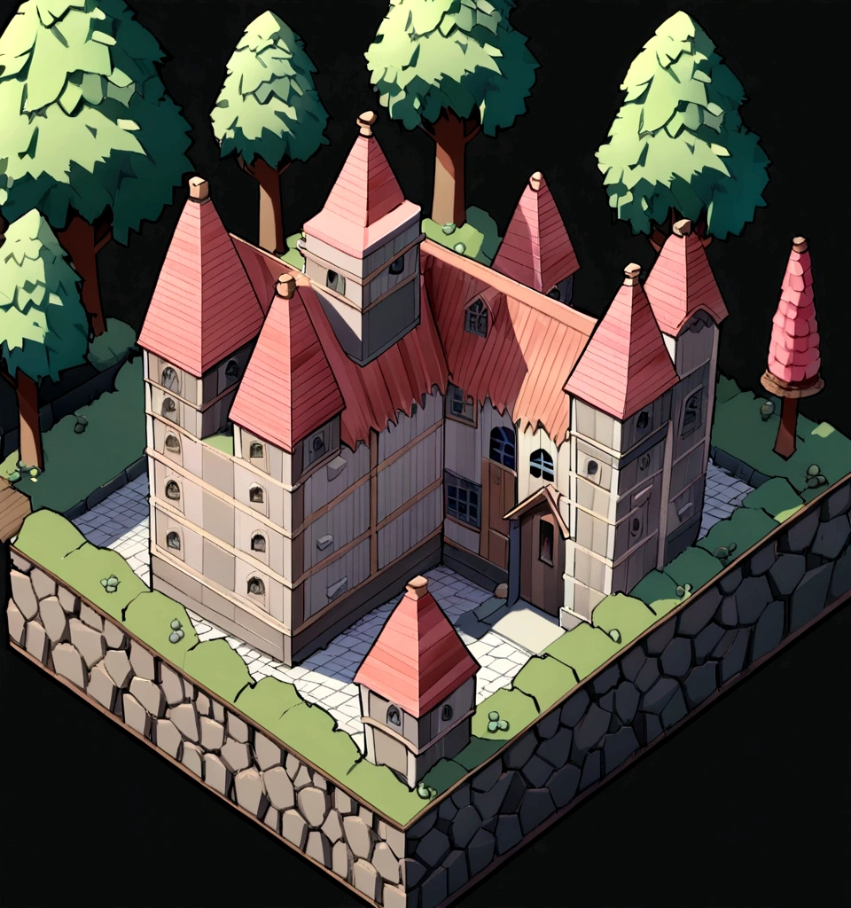 absurd, best quality, fancy, Isometric, style of playing (shabby rpg building, 작은 tree :1.2), tree, stonewall, (black background:1.2)