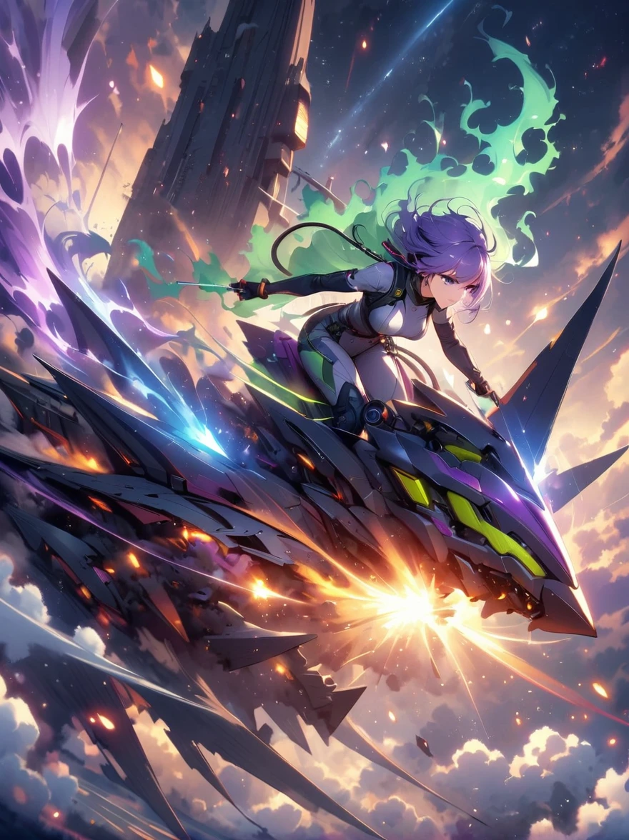 A dramatic, nocturnal scene in the high skies. A Caucasian female fighter pilot is at the controls of a high-speed jet, her eyes focused and determined despite the chaos behind her. A monstrous, futuristic alien ship, fiery beams lancing from its hull, is in hot pursuit of her aircraft. The alien ship is pulsating with sickly green and pallid purple lights that are echoed in the distant stars above, casting an eerie illumination over the scene. The pilot maneuvers deftly, evading the enemy's onslaught, leaving a trail of white contrails that cut through the inky night like a comet.