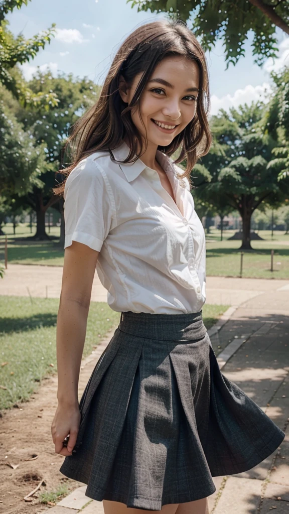 , Grinning, , in park, skirt and shirt, styled hair,
