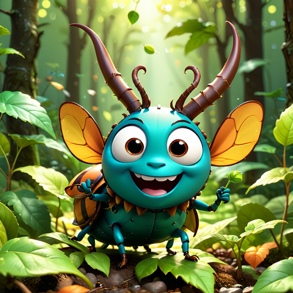 A cute beetle with long horns, happily munching on a leaf. The cartoon character is designed in the style of Pixar animation studio, created using C4D software. It has a shiny brown color scheme and showcases a playful expression through a speech bubble. This vibrant scene adds humor to your mobile phone wallpaper. --ar 1:1 --v 6.0 --3D render, background is the sea