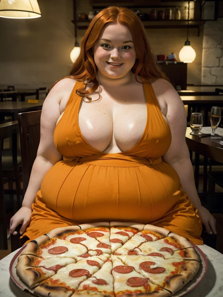 A happy and detailed photo of a cute ginger freckled SSBBW, with long wavy ginger hair, with big soft fat belly, small saggy breasts in a cute orange dress, sitting at a table in a beautiful authentic italian restaurant at night, there is a huge family-sized pizza ahead of her, she is sitting on a chair behind a small table and one huge pizza