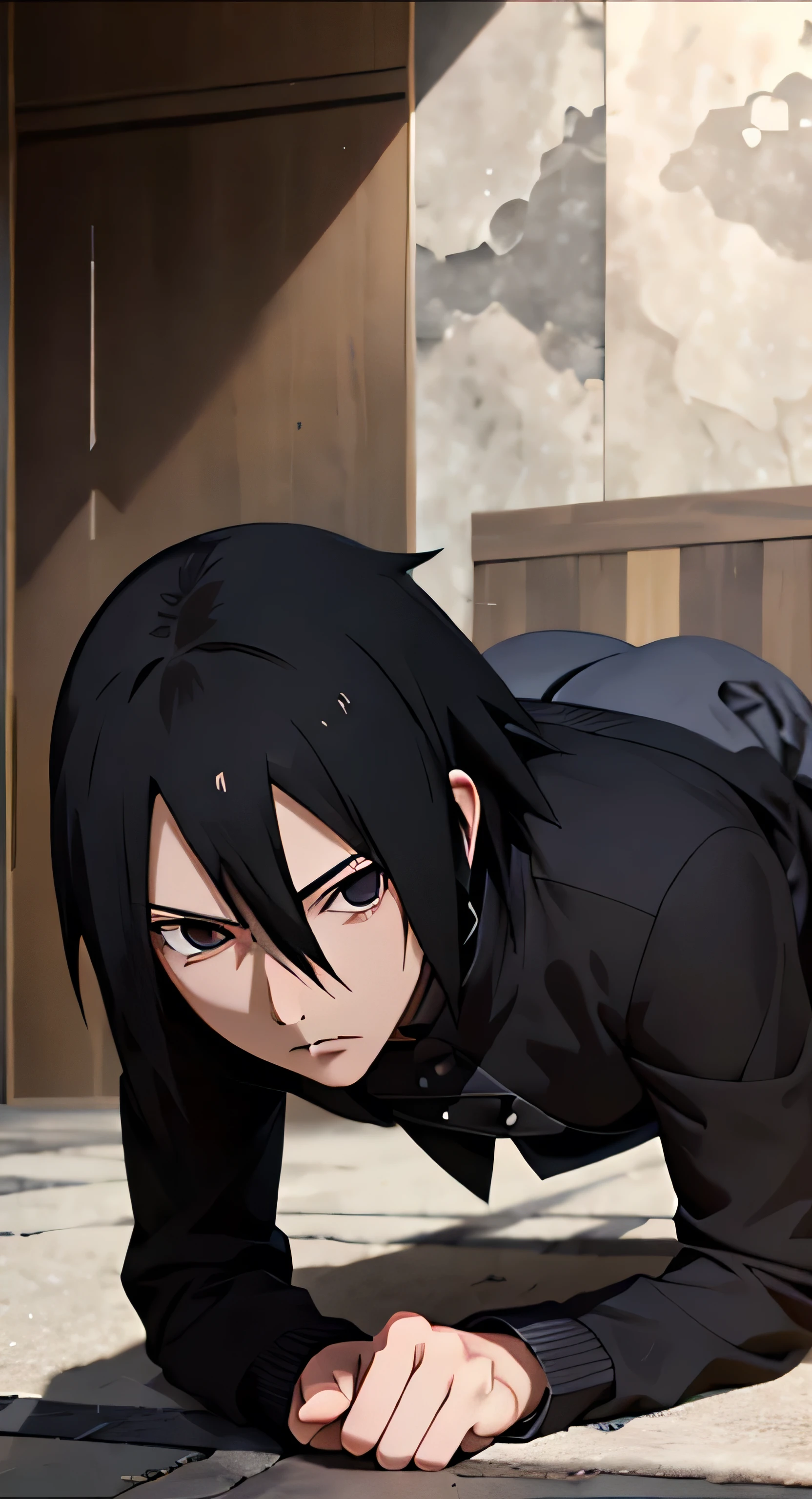 masterpiece, One Man, Great style, sasuke uchiha, indoor, Upper Body, sasuke uchiha, black eye, Black Hair, Cool guy,On all fours