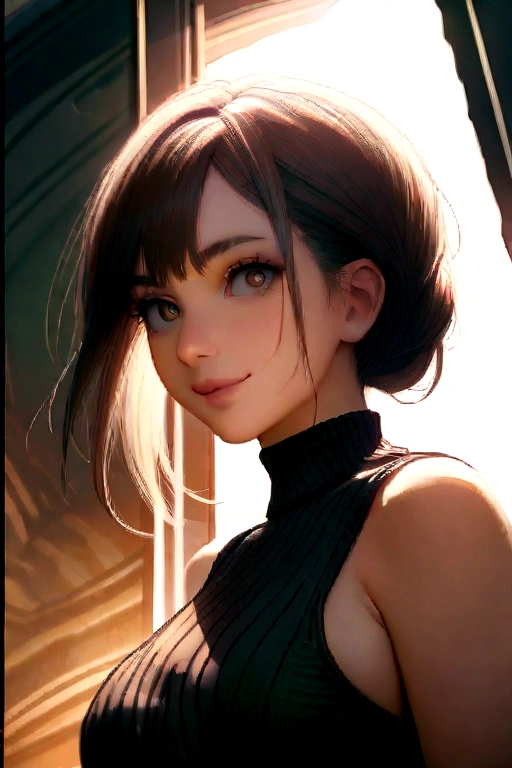 Japanese woman wearing turtle neck sweater、
(((​masterpiece))), ((top-quality)), ((intricate detailes)), (((hyper realisitic)), Absurd resolution, Near and far law, ighly detailed, Realistic, 1girl in, ((Colossal tits)), perfect hand, Detailed finger, beatiful detailed eyes, shorth hair, Brown-eyed,(turtle neck:1.2), tight skirts, Detailed background, a choker, perfect  eyes, mesmerizing eyes, Look at viewers, from the front side、A smile、Mole on the mouth、Knitted dresses