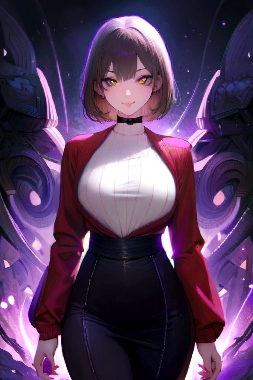 Japanese woman wearing turtle neck sweater、
(((masterpiece))), ((top-quality)), ((intricate detailes)), (((hyper realisitic)), Absurd resolution, Near and far law, ighly detailed, Realistic, 1girl in, ((Colossal tits)), perfect hand, Detailed finger, beatiful detailed eyes, shorth hair, Brown-eyed,(turtle neck:1.2), tight skirts, Detailed background, a choker, perfect eyes, mesmerizing eyes, Look at viewers, from the front side、A smile、Mole on the mouth、Knitted dresses