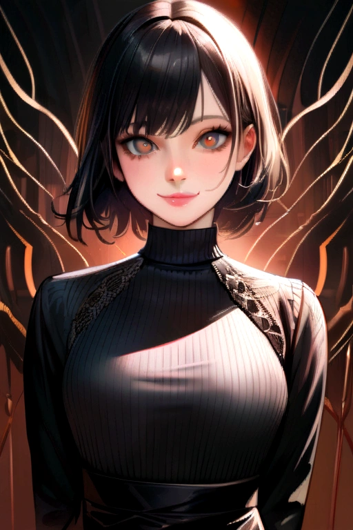 Japanese woman wearing turtle neck sweater、
(((masterpiece))), ((top-quality)), ((intricate detailes)), (((hyper realisitic)), Absurd resolution, Near and far law, ighly detailed, Realistic, 1girl in, ((Colossal tits)), perfect hand, Detailed finger, beatiful detailed eyes, shorth hair, Brown-eyed,(turtle neck:1.2), tight skirts, Detailed background, a choker, perfect eyes, mesmerizing eyes, Look at viewers, from the front side、A smile、Mole on the mouth、Knitted dresses