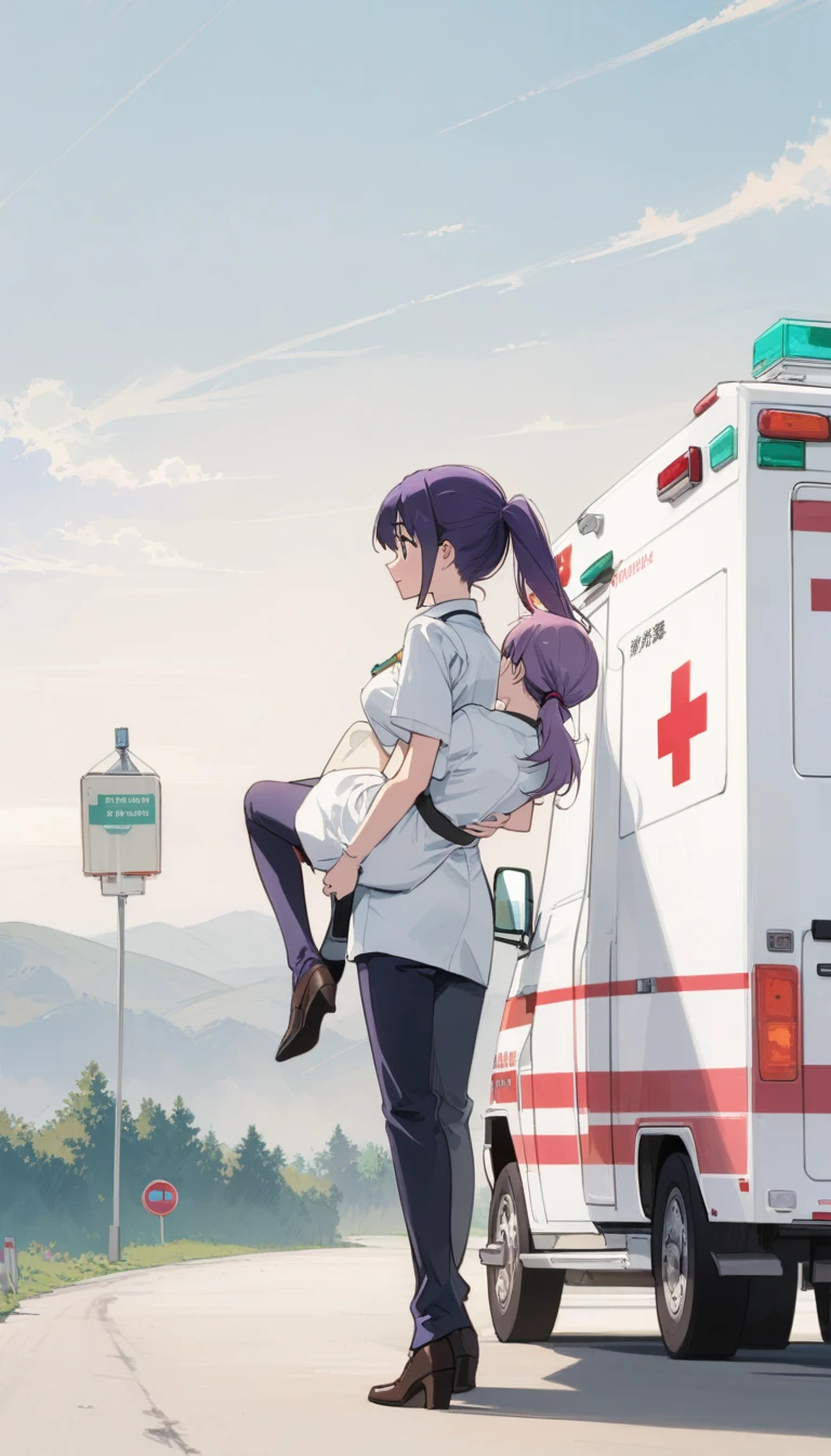 Master piece, side shot, ambulance worker, purple hair, pony tail, beautiful working girl, slender, beautiful, anime girl, carrying patient, Ambulance, word "HAMBULANCE"