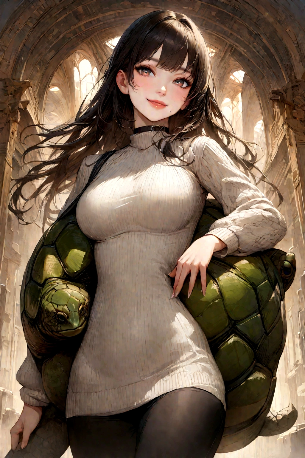Japanese woman wearing turtle neck sweater、
(((​masterpiece))), ((top-quality)), ((intricate detailes)), (((hyper realisitic)), Absurd resolution, Near and far law, ighly detailed, Realistic, 1girl in, ((Colossal tits)), perfect hand, Detailed finger, beatiful detailed eyes, shorth hair, Brown-eyed,(turtle neck:1.2), tight skirts, Detailed background, a choker, perfect  eyes, mesmerizing eyes, Look at viewers, from the front side、A smile、Mole on the mouth、Knitted dresses