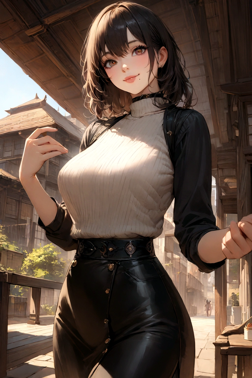 Japanese woman wearing turtle neck sweater、
(((​masterpiece))), ((top-quality)), ((intricate detailes)), (((hyper realisitic)), Absurd resolution, Near and far law, ighly detailed, Realistic, 1girl in, ((Colossal tits)), perfect hand, Detailed finger, beatiful detailed eyes, shorth hair, Brown-eyed,(turtle neck:1.2), tight skirts, Detailed background, a choker, perfect  eyes, mesmerizing eyes, Look at viewers, from the front side、A smile、Mole on the mouth、Knitted dresses