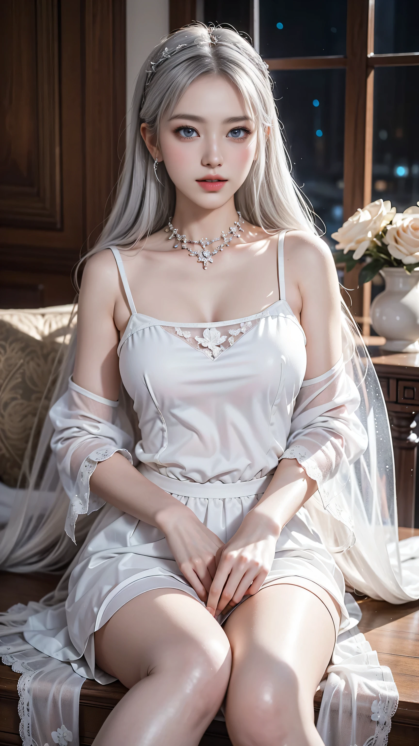 Top quality work,Actual work,Ultra Premium Graphics,8K HD CG works,High quality graphics,High-definition CG works,10x pixels,Extremely fine detail:1.1,Advanced Technical Details:1.1 Photorealistic,Indoor lighting effects:1.5,Natural light:1.5. Light effects(virtual Light effects:1.8),長いSilver Hair,Silver Hair,Transparent Hair,Hair with attention to detail(Premium Hair Detail:1.1)Clear Eyes,Beautiful double eyelids,Sharp eye makeup, Delicate eyelash makeup, Thin eyebrows, Highly detailed eyes,High nose, Nice red lips, Rose Cheeks, A face with subtle makeup , Cute face, perfectly balanced face,(Advanced Face Detail:1.1),Girl in maid outfit、 Cosplay, Knee socks, High heels, See-through,,The moonlight pours down like water,Foggy Room,Like a fairy in a painting,slim sexy legs,A beautiful face is beautiful and delicate,Like a finely carved piece of jade、The waves in my eyes are like twinkling stars,Show the light of patience and wisdom。The bridge of the nose is straight,Cherry lip color, her face is clear,Her skin is as white as jade,Gives a healthy glow,Her makeup is light and subtle.,Not too decorative,A light-toned foundation enhances the clarity of your skin.,Eye makeup: eyeshadow and eyeliner,Make her eyes brighter and more cheerful、Add a touch of glamour and sophistication,Wear white to beat the snow,Clothes fluttering,It's about to be blown away by the wind,Drifting Away。Beautifully embroidered patterns on clothing,Without losing grace,Showing off incredible skills。Wear a wide belt around your waist,A transparent jade pendant hangs from it.,Swaying with her movements。Her hair is casually tied back,Fix with hosta,A few strands of hair are swaying gently in the wind,Add a little softness、Charmed everyone'Note、Grace、mystery、full of power。