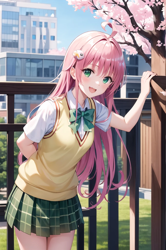 masterpiece, Highest quality, High resolution, anxiety, Long Hair, Ahoge, hair ornaments, Green Eyes, chest, , Green bow tie, Collared shirt, White shirt, Sweater vest, Yellow vest, Short sleeve, Checked skirt, Green Skirt, Put your arms behind your back, Leaning forward, Are standing, Outdoor, smile, Open your mouth, cherry blossoms,