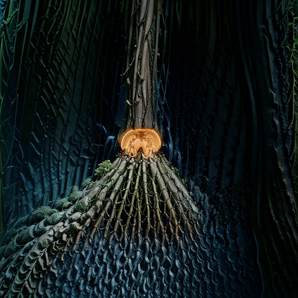 generate an image of a cross-section of the soil showing the microscopic interactions between fungal mycelia with tree roots forming mycorrhiza