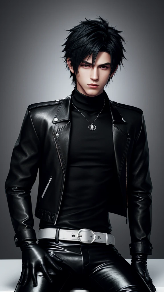 Final fantasy taste and reality graphics, Japanese young cute and cool ikemen  boy, his age is early 20s, thin eyebrows and beady eyes,  he wearing off black color leather thick singlebrest biker jacket, with epaulet,  must close the front of the leather jacket, jacket is biker style, jacket is voluminous, , jacket collar is high length stand-up collar with belts, jacket is a little black line pattern,close the front of the jacket, also wearing black thick turtleneck lackluster shirts,  tight black leather pants, shiny black leather tight and thin glove, black leather knee-high raceup boots,must views  head-to-toe,must views whole body, boy looks like fashion model,Do not show skin from the neck down,leather jacket leather glove and leather pants have few wrinkles,boy in the room,