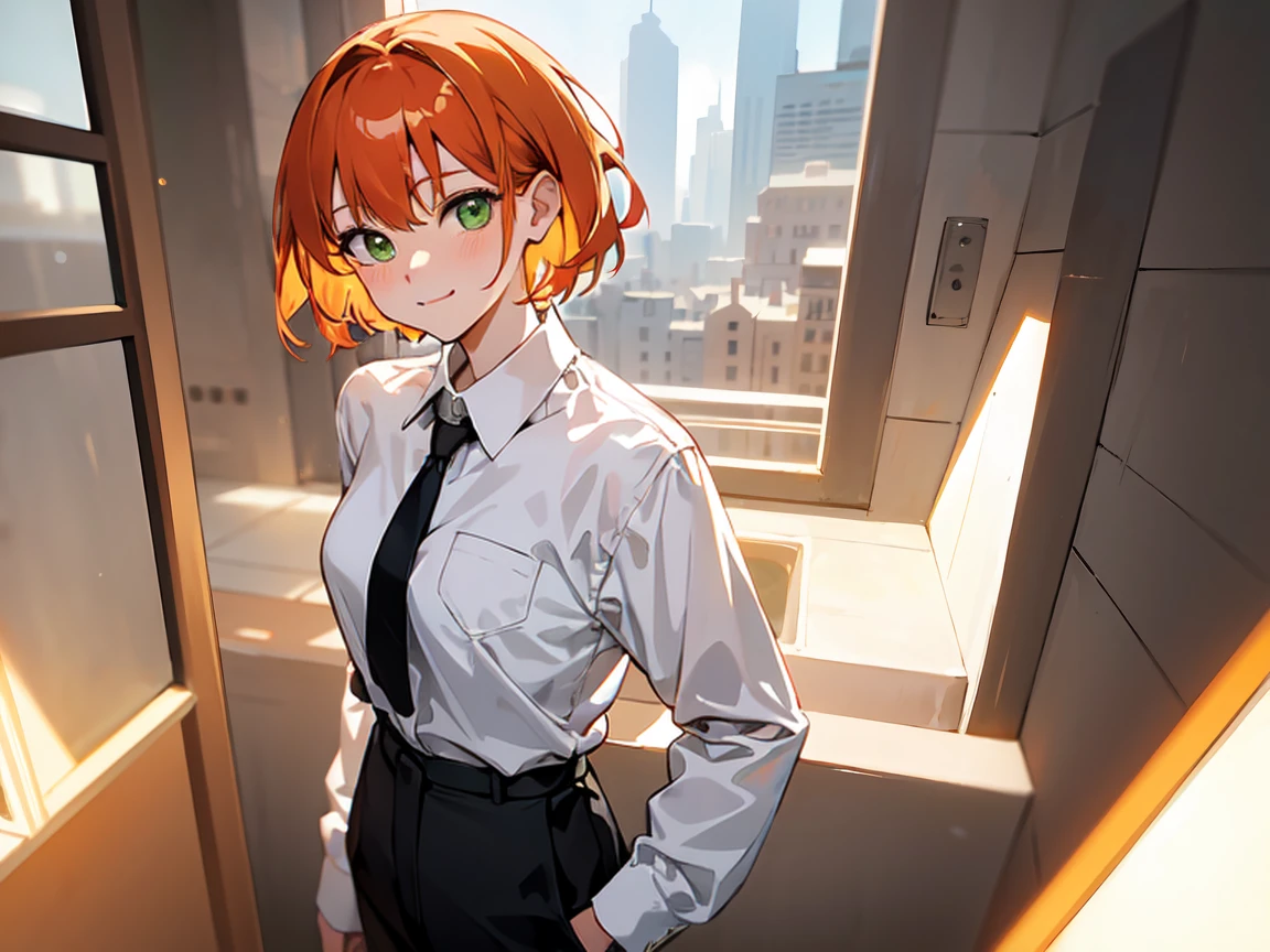 masterpiece, best quality, highly detailed background, perfect lighting, best quality, (extremely detailed face), volumetric lighting, intricate details, shadow, tonemapping, sharp focus, hyper detailed, trending on Artstation, (solo)
BREAK
(Blush, orange hair, green eyes, 25 years old, short hair, medium build, medium breasts ), (hands)
BREAK
((White shirt, long sleeve shirt, black pants, black tie))
BREAK
(city street )
BREAK
(Standing, facing_viewer,looking_at_viewer, light smile, closed mouth)