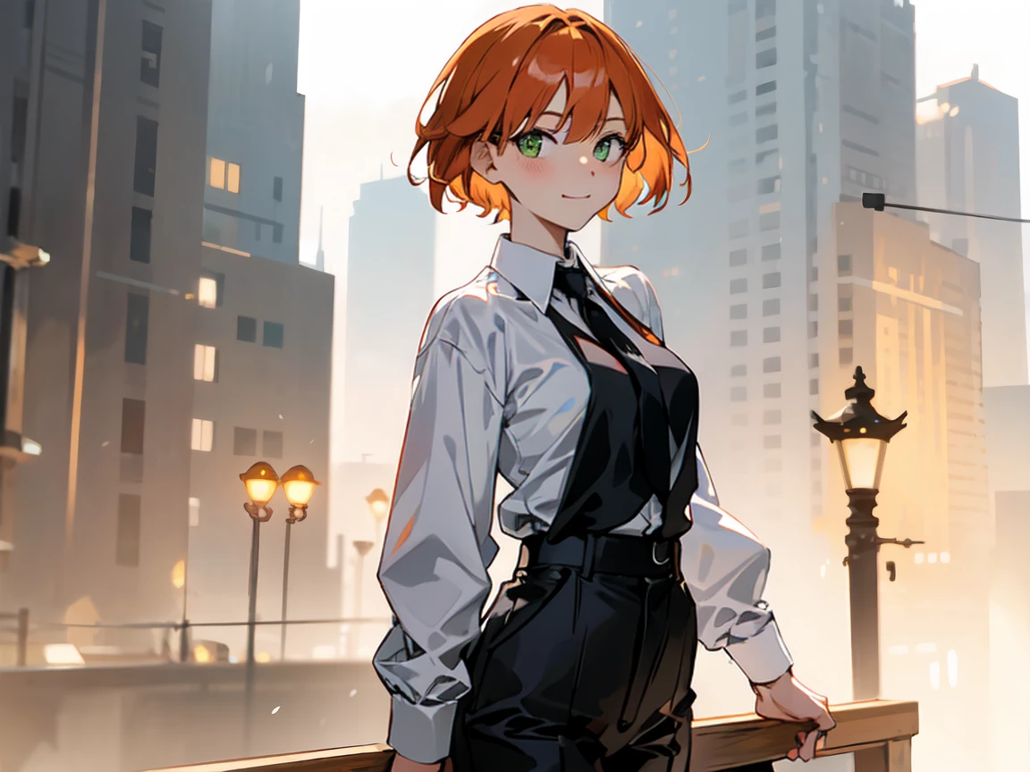 masterpiece, best quality, highly detailed background, perfect lighting, best quality, (extremely detailed face), volumetric lighting, intricate details, shadow, tonemapping, sharp focus, hyper detailed, trending on Artstation, (solo)
BREAK
(Blush, orange hair, green eyes, 25 years old, short hair, medium build, medium breasts ), (hands)
BREAK
((White shirt, long sleeve shirt, black pants, black tie))
BREAK
(city street )
BREAK
(Standing, facing_viewer,looking_at_viewer, light smile, closed mouth)
