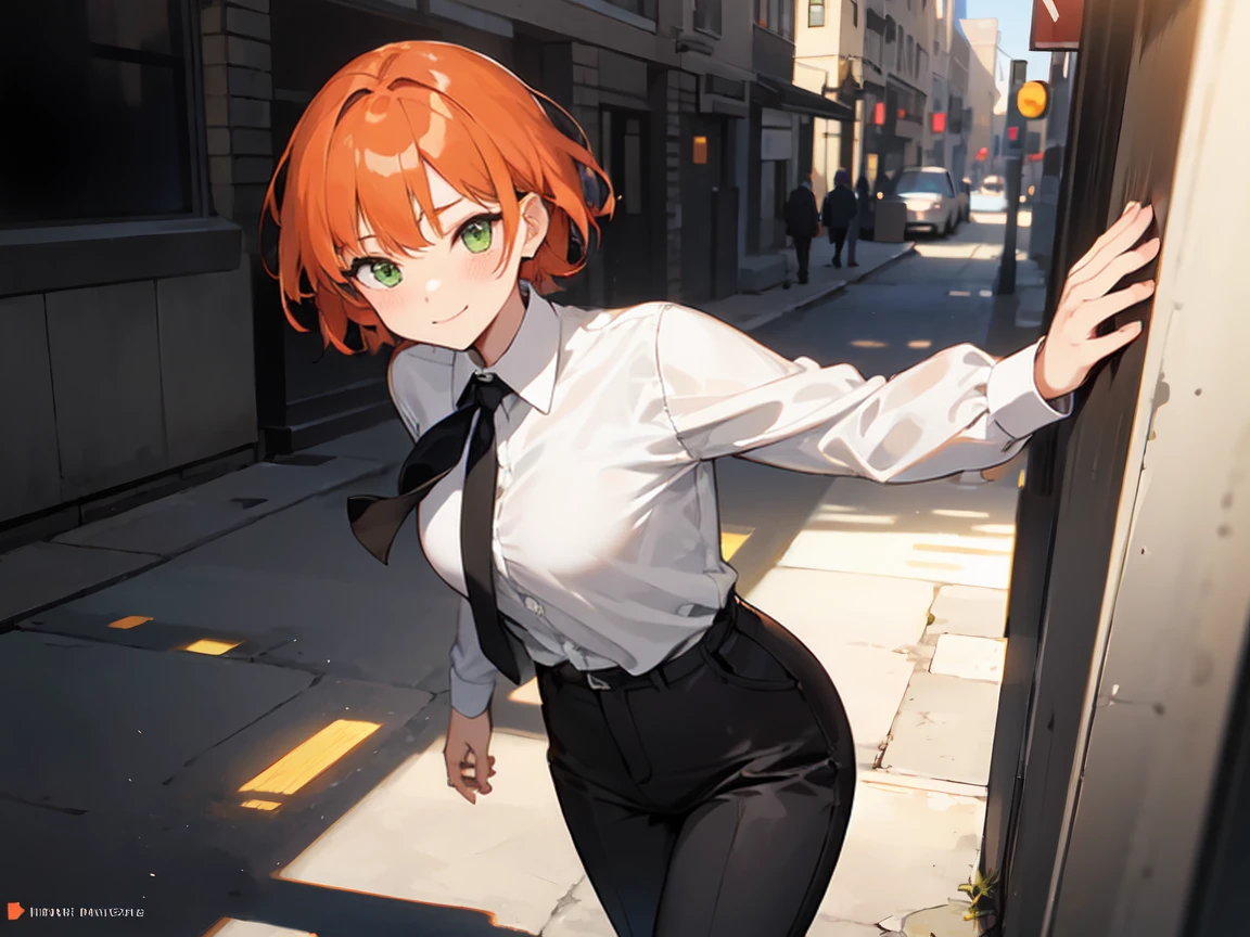 masterpiece, best quality, highly detailed background, perfect lighting, best quality, (extremely detailed face), volumetric lighting, intricate details, shadow, tonemapping, sharp focus, hyper detailed, trending on Artstation, (solo)
BREAK
(Blush, orange hair, green eyes, 25 years old, short hair, medium build, medium breasts ), (hands)
BREAK
((White shirt, long sleeve shirt, black pants, black tie))
BREAK
(city street )
BREAK
(Standing, facing_viewer,looking_at_viewer, light smile, closed mouth)