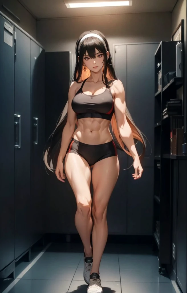 ((1girl, solo)), beautiful body, (perfect anatomy, perfect body, perfect hands, perfect legs), natural proportions, sexy body, large breasts, ((abs)), (((muscular female))), ((full body, full body front)) BREAK
((extremely detailed face)), (beautiful detailed eyes:1.6), (realistic pupils, realistic iris:1), expressive eyes, looking at viewer, (clear eyes:1.3), (hyperrealistic:1.2), (detailed skin texture:1.2), smooth skin, yor briar, (red eyes:1.5), (black hair:1.5), long hair, hairband, (white hairband:1.3), sidelocks, bangs, ((mature female)), ((little smile)), (detailed lips:1.2), (attractive lips:1.1), (glossy lips:1.1), (parted lips), perfect face, perfect eyes, earrings BREAK
((sports bra)), buruma, (ass visible through thighs), shoes, (black sportswear), black shorts, midriff BREAK
(masterpiece:1.5), anime-style, top quality, best quality, (beautiful and aesthetic:1.2), (ultra detail:1.5), Ultra-detailed depiction, Ultra-precise depiction, extremely detailed 8k illustration, high resolution, (highly detailed shading:1.2), (realistic lighting:1.4), perfect lighting, vibrant colors, dynamic tones, striking hues, 8k, absurd resolution, perfect shadows, hdr, UHD, ambient lighting, realistic, ultra-realistic, photo realistic, highly detailed, rich detail, luminous colors, fine texture, intricate design, professional illustration, (soft light:1.2), (illustration:0.7)
