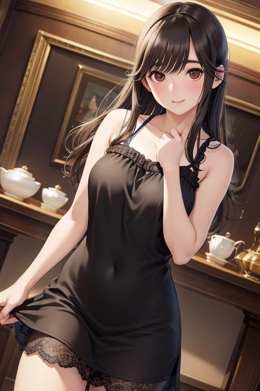 nsfw,

Gaoling loves flowers、Shiny brown hair, long hair、, Beautiful brown eyes、smile、Sparkling eyes, (Fine grain)、Ultra-detailed eyes、Highly detailed face, Highly detailed eyes,Cowboy Shot、


masterpiece, Highest quality, Pixiv, 


 一人in, 
 Sexy black camisole mini dress, expensive_Heel, full_body, look_in_Audience, (8K, RAW Photos, Highest quality, Learning:1.2), (Realistic, photo-Realistic:1.37), Professional Lighting, Photon Mapping, Light Energy Transfer, Physically Based Rendering,