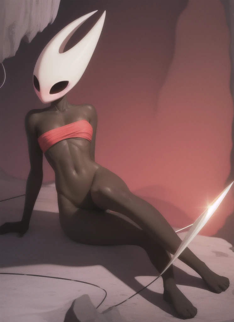 hornet, cute, chibi, no feet, furry girl, slim,anthro, needle weapon, thread, solo, red panties, bare feet, tall, lying with her legs apart, full body,red bra, (best quality), (detailed dark cave background:1.2), looking at viewer,  flat colors,  moderate breasts, breasts, no nipples, no vagina, sexy body, abs,front view, (blushes 1.5)