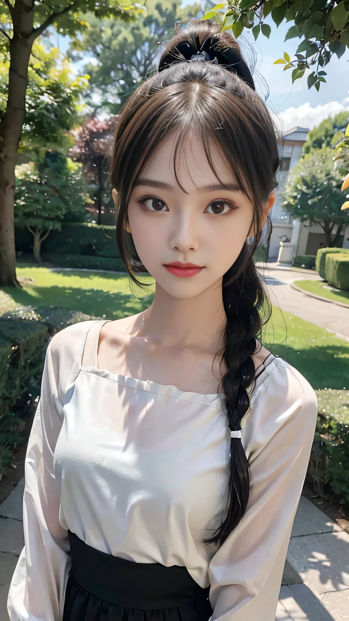 collared dress,European park,On the lawn,Close up face,One woman,masutepiece, The highest image quality, High quality, the background is clear,Beautiful woman, Japanese,Ultra-detailed, finely detail, hight resolution, 8K Wallpaper, Perfect dynamic composition, Beautiful detailed eyes , Detailed, Detailed eyes, Detailed skin, Beautiful skin, 超hight resolution, (reality: 1.4),Very beautiful woman, Slightly younger face, Beautiful skin, slender, (Ultra photo realsisim), (hight resolution), (8K), (Very detailed) (beautifully detailed eyes), (super detailed), (Detailed face), view the viewer, Fine details, Detailed face, Staring straight ahead, Staring straight ahead, photos realistic, Bright lighting, Professional Lighting, Black hair,poneyTail,a baby face,sixteen years old,Hairstyle: ponytail,Long ponytail hairstyle,slight smile,neat and tidy clothing,Beautiful Japanese KPOP idol photo, hair style is ponytail, my eyes are double and wide, baby face, smile and look straight ahead, slender, small breasts,Close up face,