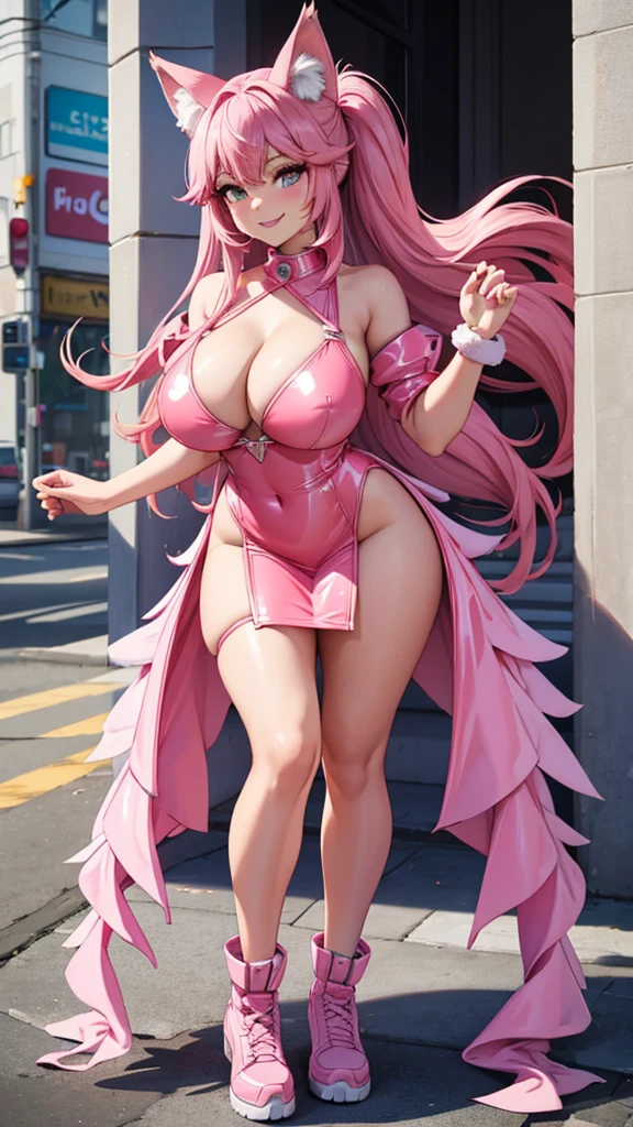 Happy , with wolf ears and pink hair, holding her cheeks, wolf tail, wearing a latex dress, looking at veiwer, full body, you can see her chest, naked breasts