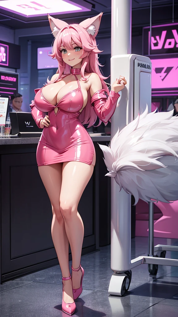Happy , with wolf ears and pink hair, holding her cheeks, wolf tail, wearing a latex dress, looking at veiwer, full body, you can see her chest, naked breasts