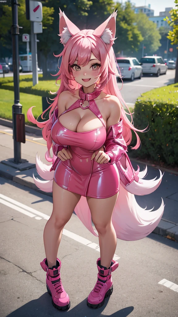 Happy , with wolf ears and pink hair, holding her cheeks, wolf tail, wearing a latex dress, looking at veiwer, full body, you can see her chest, breas