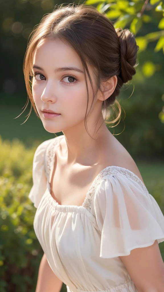 Highest quality, , Soft Light, Ultra-high resolution, (Realistic:1.4), RAW Photos, 1 Swedish girl, alone, Or a small face,Baby Face、 Sexy pose、(A shy smile:0.5), (Brown eyes, Light in your eyes), Beautiful face in every detail, (From head to toe),(Updo),Swedish Dress(See-through)