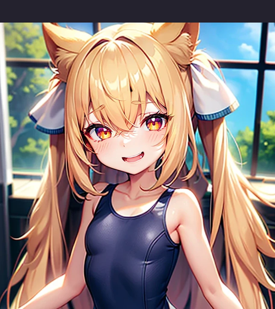 (((laugh))),close your eyes,Cute little ,Tiny ,Small girl,,Childish face, Very fine clean face,Top quality, Big eyes,Straight Hair,Yellow hair,Crimson Eye,(Dark Room), Subtle light, Natural light,Soft lighting,Light from directly behind, (Are standing),Front view,Black background