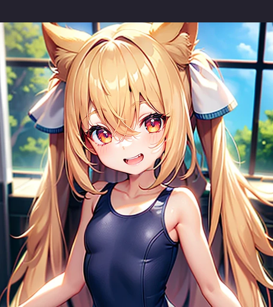 (((laugh))),close your eyes,Cute little ,Tiny ,Small girl,,Childish face, Very fine clean face,Top quality, Big eyes,Straight Hair,Yellow hair,Crimson Eye,(Dark Room), Subtle light, Natural light,Soft lighting,Light from directly behind, (Are standing),Front view,Black background