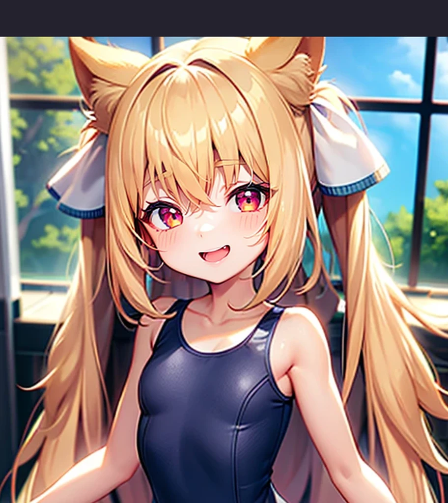 (((laugh))),close your eyes,Cute little ,Tiny ,Small girl,,Childish face, Very fine clean face,Top quality, Big eyes,Straight Hair,Yellow hair,Crimson Eye,(Dark Room), Subtle light, Natural light,Soft lighting,Light from directly behind, (Are standing),Front view,Black background