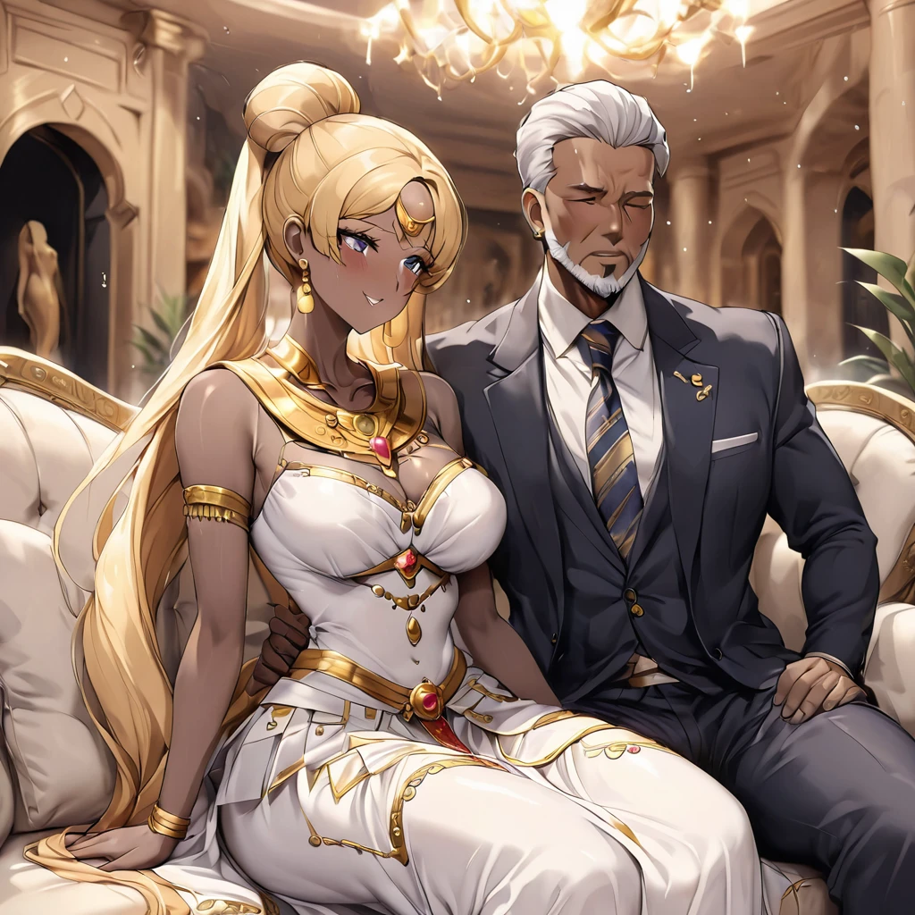 ((Highest quality)), ((masterpiece)), (detailed), （Perfect Face）、The woman is a Muslim Egyptian named Tsukino Usagi with vivid brown skin. She is wearing a gorgeous, glittering Egyptian traditional dress with gold embroidery, a gorgeous hijab, gorgeous jeweled accessories and an engagement ring in a luxurious Egyptian mansion. The woman and the man are sitting on a luxurious, large sofa in the luxurious room, and the woman is being embraced and kissed by a dignified, bearded middle-aged man wearing Egyptian traditional dress, and they are making love.、The woman is the elegant Tsukino Usagi, with long blonde hair in a chignon twin tail, and is a Muslim Egyptian with bright brown skin and wearing an Egyptian costume and a gorgeous hijab.、（The woman is the dark-skinned Egyptian Tsukino Usagi.）、The man is a dignified, muscular, bearded, middle-aged Egyptian Muslim man wearing traditional Egyptian clothing.
