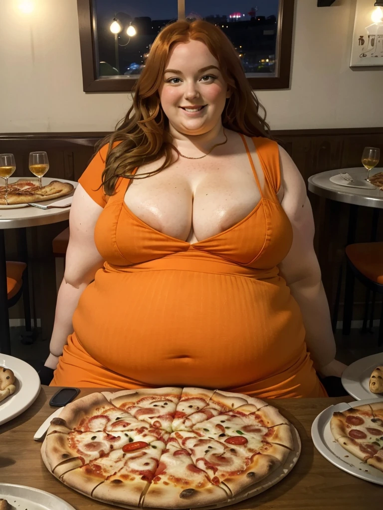A happy and detailed photo of a cute ginger freckled SSBBW, with long wavy ginger hair, with big soft fat belly, small saggy breasts in a cute orange dress, sitting at a table in a beautiful authentic italian restaurant at night, there is a huge family-sized pizza ahead of her, she is sitting on a chair behind a small table and one huge pizza