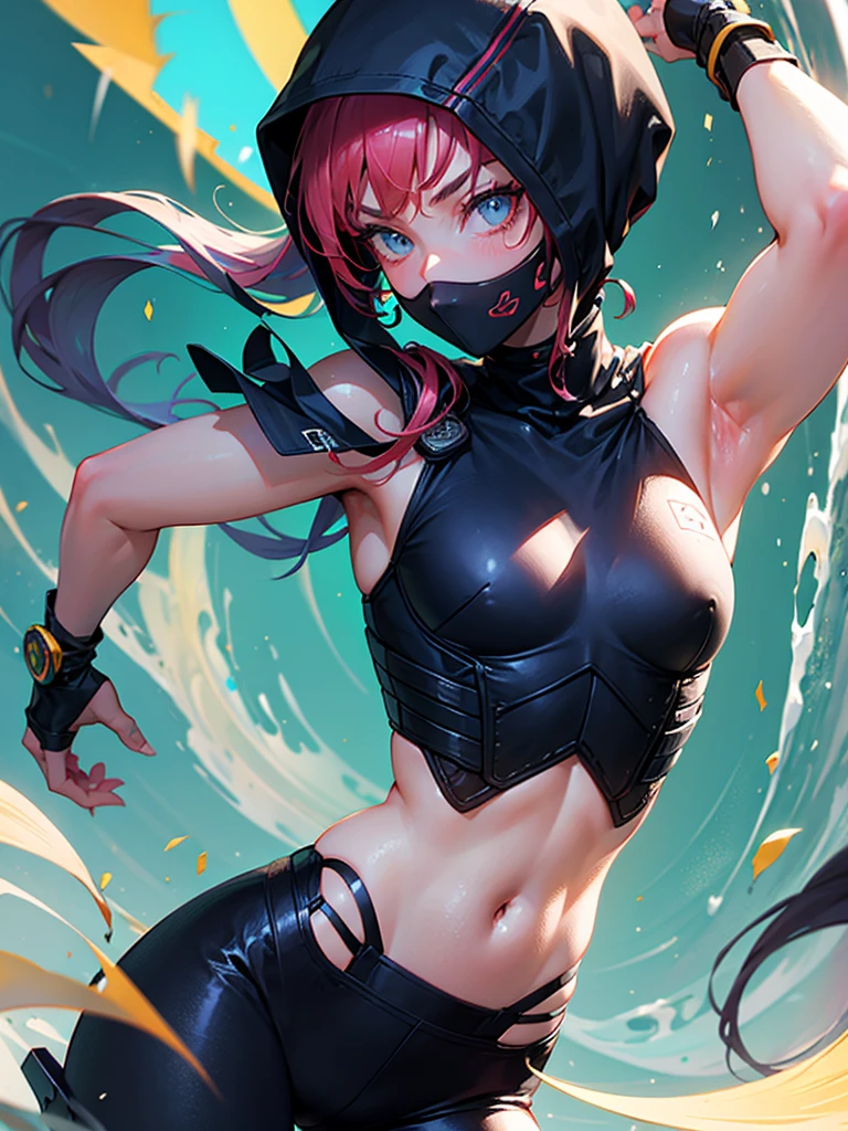 A ninja's masterpiece, por Aase Berg, high contrast color details, black andwhite, anime styling, Japanese theme, hyperdetailed, ultra quality, 4K, complex lighting, Bright dark, white background with one color paint stains, drawing line made with 0.Caneta Rottring 5mm