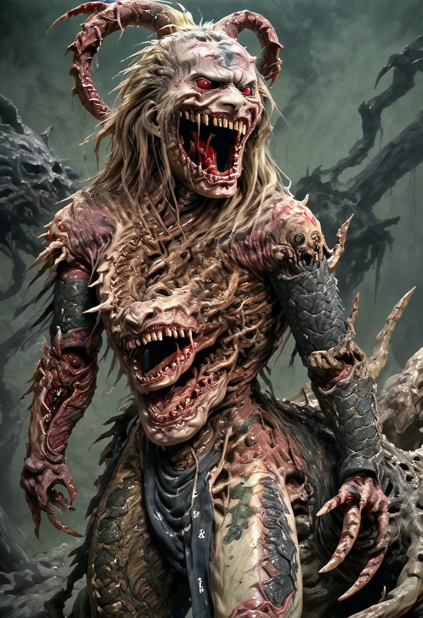 unhealthy humanoid monster. His lower body is that of a snake and his upper body is that of a man. He has a deformed face. His mouth is full of sharp teeth, he has a sadistic and cruel smile. He is one-eyed, his only eye is red, and instead of his left eye, there is a hole full of insects. He has long hair in battle. He’s wearing a torn kimono, and he’s holding a spear. [Monster] [Horror] [Scary] [Half snake half human] [Sadistic smile] [Sharp teeth] [One eyed] [Torn kimono]