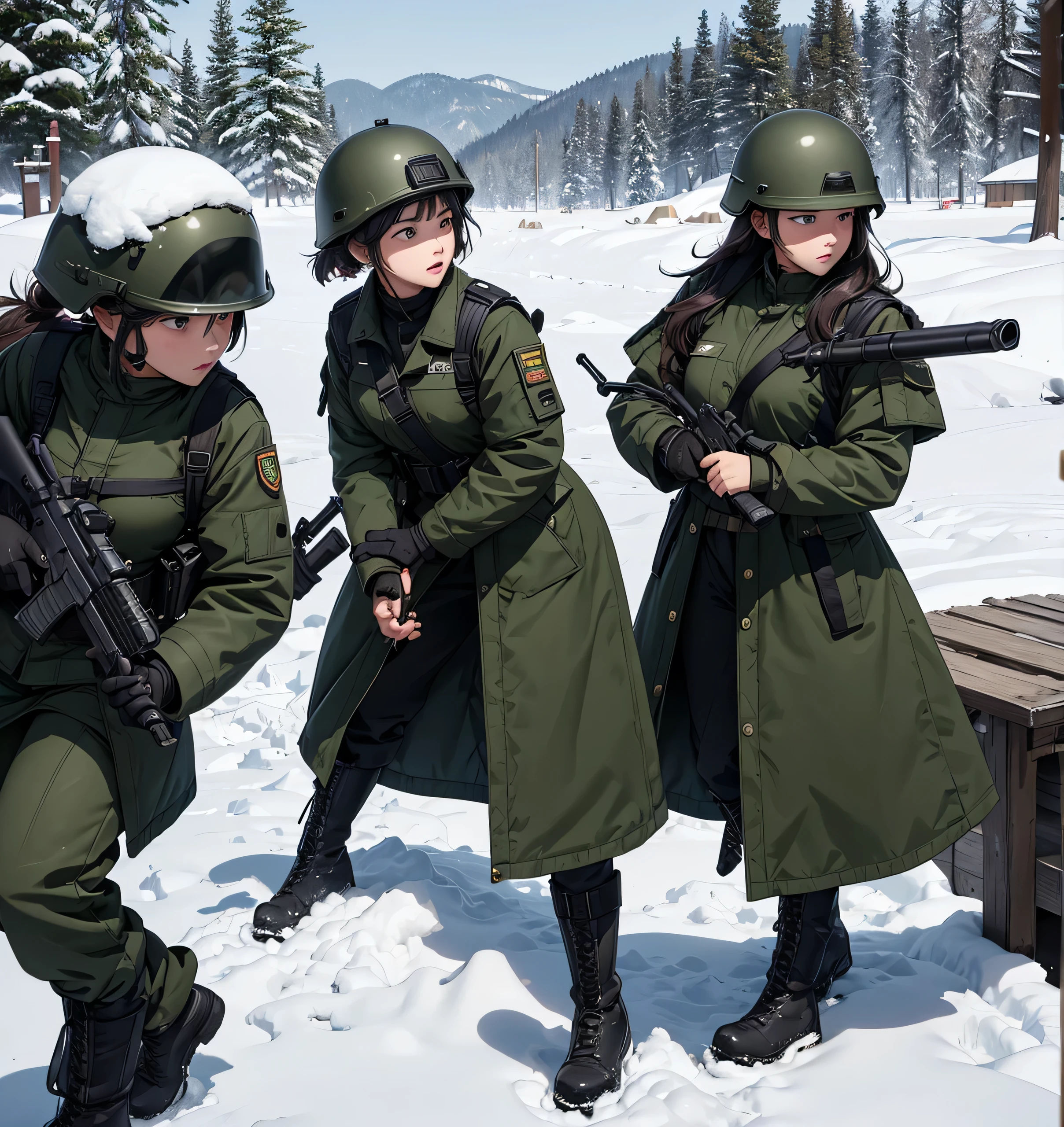 A group of female soldiers wearing dark green thick coats、Wearing a helmet、Wear military boots、Hold a gun in both hands、Guarding the military camp in the snow、Write details、masterpiece、best quality、Highly detailed CG、8K picture quality