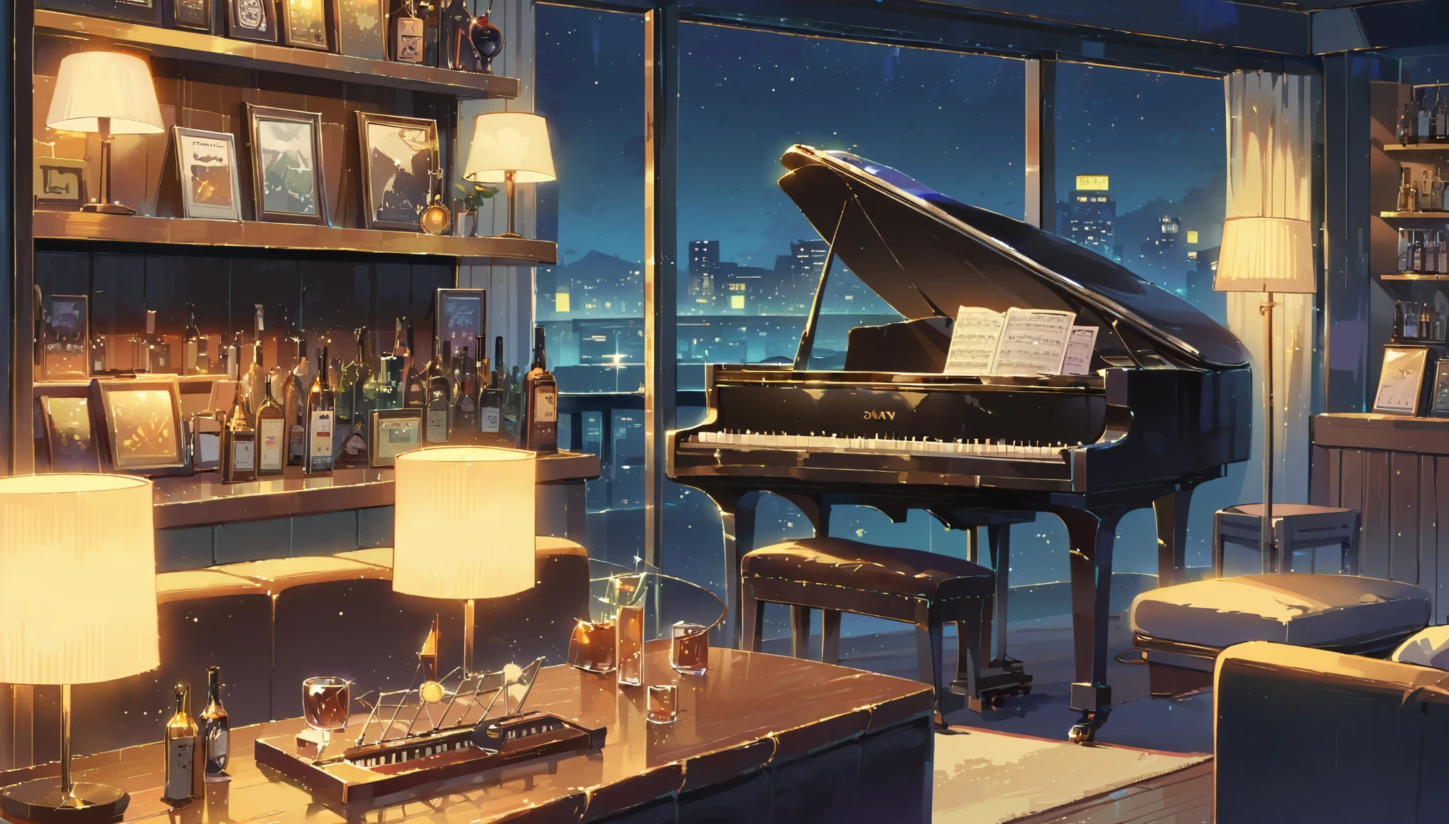 ((anime:1.4,illustration)),(masterpiece, top quality, best quality),(ultra-detailed, absolutely resolution),((16k, high res)), (((piano, night lounge, lamp, counter, bar)) ((cozy lofi illustration:1.4)), ((anime:1.4, illustration)),(masterpiece, top quality, best quality),(ultra-detailed, absolutely resolution),((16k, high res)) BREAK {lofi art, style of Laurie Greasley, style of Makoto Shinkai, anime aesthetic}, BREAK { (produces images with information than 40 million pixels with cinematic-like detailed textures shot on a Sony SLR).}