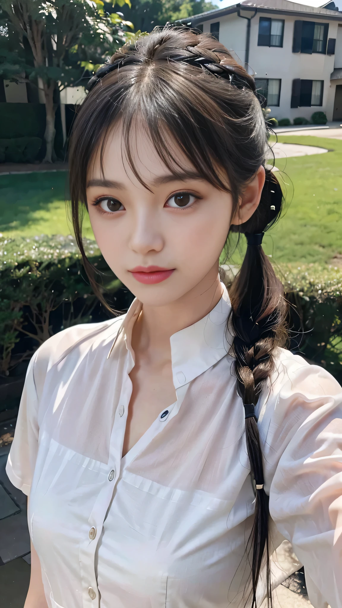 collared dress,European park,On the lawn,Close up face,One woman,masutepiece, The highest image quality, High quality, the background is clear,Beautiful woman, Japanese,Ultra-detailed, finely detail, hight resolution, 8K Wallpaper, Perfect dynamic composition, Beautiful detailed eyes , Detailed, Detailed eyes, Detailed skin, Beautiful skin, 超hight resolution, (reality: 1.4),Very beautiful woman, Slightly younger face, Beautiful skin, slender, (Ultra photo realsisim), (hight resolution), (8K), (Very detailed) (beautifully detailed eyes), (super detailed), (Detailed face), view the viewer, Fine details, Detailed face, Staring straight ahead, Staring straight ahead, photos realistic, Bright lighting, Professional Lighting, Black hair,poneyTail,a baby face,sixteen years old,Hairstyle: ponytail,Long ponytail hairstyle,slight smile,neat and tidy clothing,Beautiful Japanese KPOP idol photo, hair style is ponytail, my eyes are double and wide, baby face, smile and look straight ahead, slender, small breasts,Close up face,