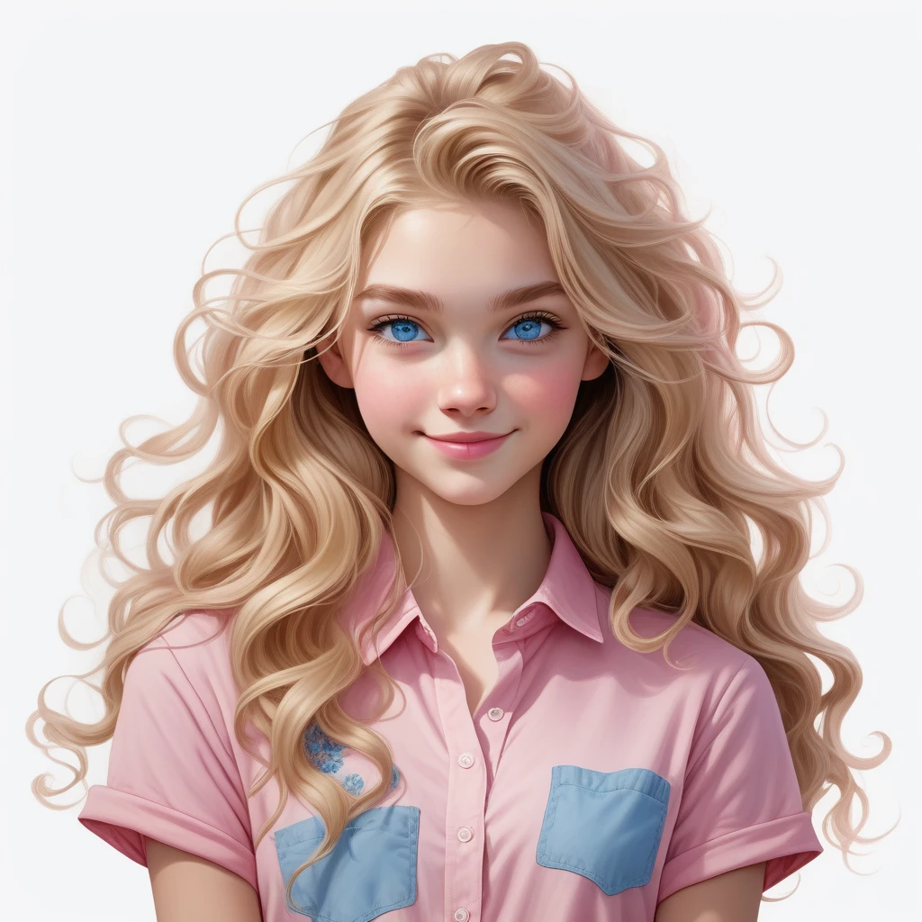 full body, beautiful age girl, smirk, long hair, wavy and blonde hair, blue eyes, wearing a pink shirt, faint smile, white background, masterpiece, intricate detail, 4k resolution, ultra hd