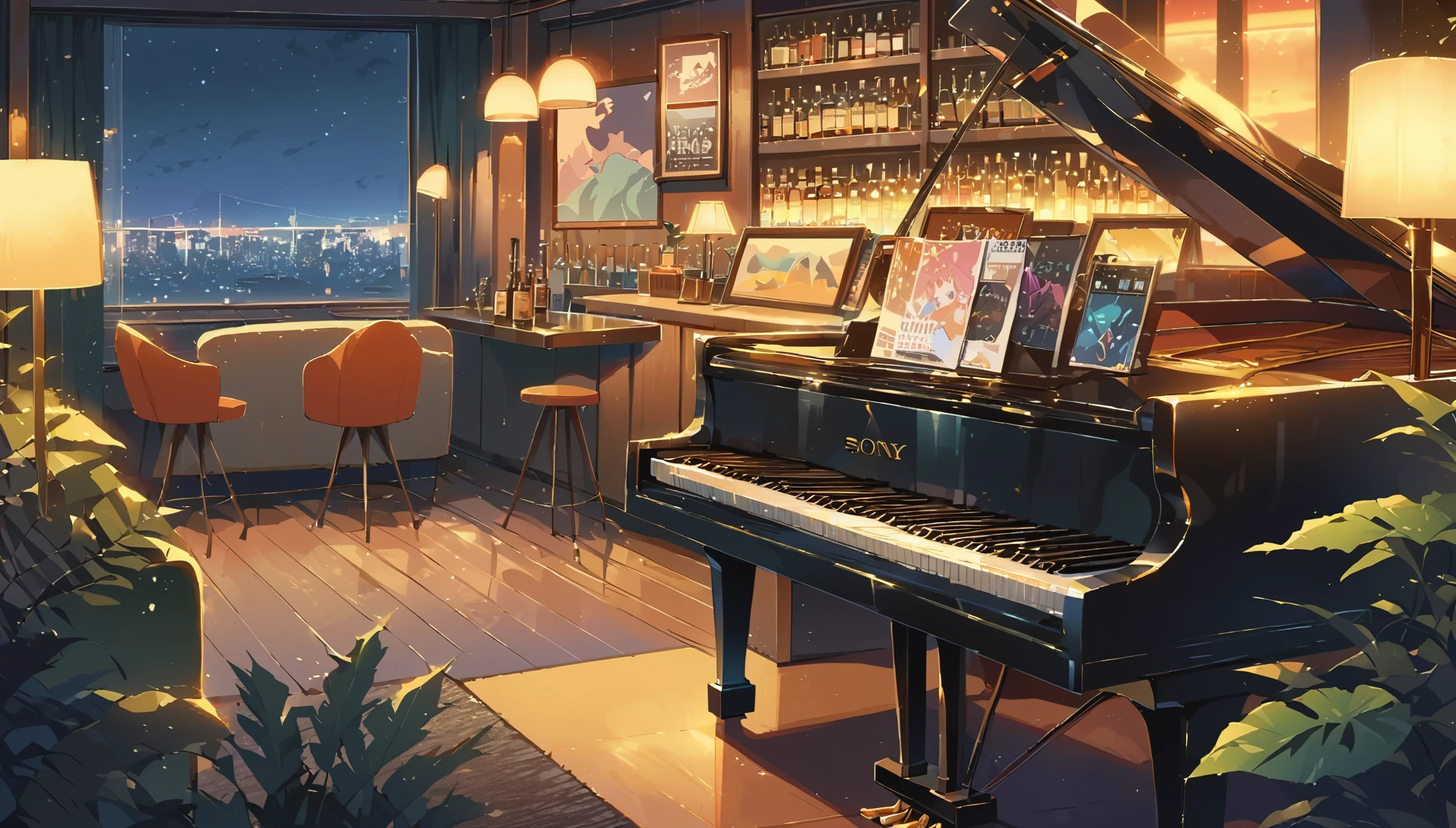 ((anime:1.4,illustration)),(masterpiece, top quality, best quality),(ultra-detailed, absolutely resolution),((16k, high res)), (((piano, night lounge, lamp, counter, bar)) ((cozy lofi illustration:1.4)), ((anime:1.4, illustration)),(masterpiece, top quality, best quality),(ultra-detailed, absolutely resolution),((16k, high res)) BREAK {lofi art, style of Laurie Greasley, style of Makoto Shinkai, anime aesthetic}, BREAK { (produces images with information than 40 million pixels with cinematic-like detailed textures shot on a Sony SLR).}