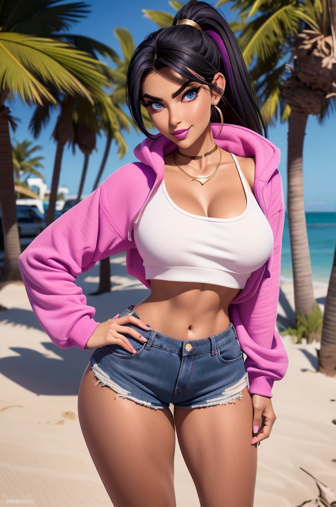 beautiful, 26 year old girl, slim body, (black hair [purple highlights]), blue eyes, pink lipstick, mascara, blush, beautiful eyebrows, white crop top hoodie, soft skin, gold necklace, ponytail, short shorts, smirk, on the beach, (full body shot), looking back at the viewer