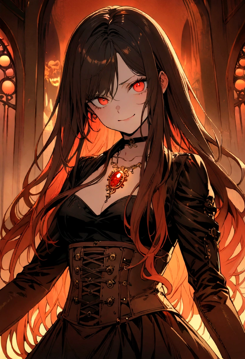 (A girl in a modest black and red steampunk outfit, Wide Shot, Front view, Long Hair, Gold necklace with red gemstone,, Global Illumination, give an evil smile, An illustration, high quality, Super detailed, Vibrant colors, Portraiture, Warm tones, Soft lighting, Leather corset, Machine Accessories, intense expression, Passionate Expressions, Twilight,