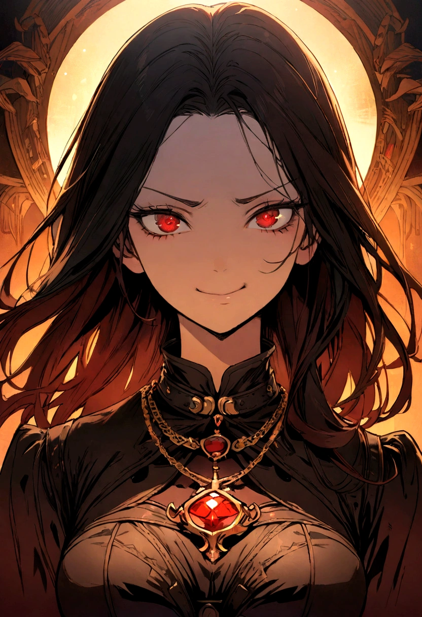 (A girl in a modest black and red steampunk outfit, Wide Shot, Front view, Long Hair, Gold necklace with red gemstone,, Global Illumination, give an evil smile, An illustration, high quality, Super detailed, Vibrant colors, Portraiture, Warm tones, Soft lighting, Leather corset, Machine Accessories, intense expression, Passionate Expressions, Twilight,