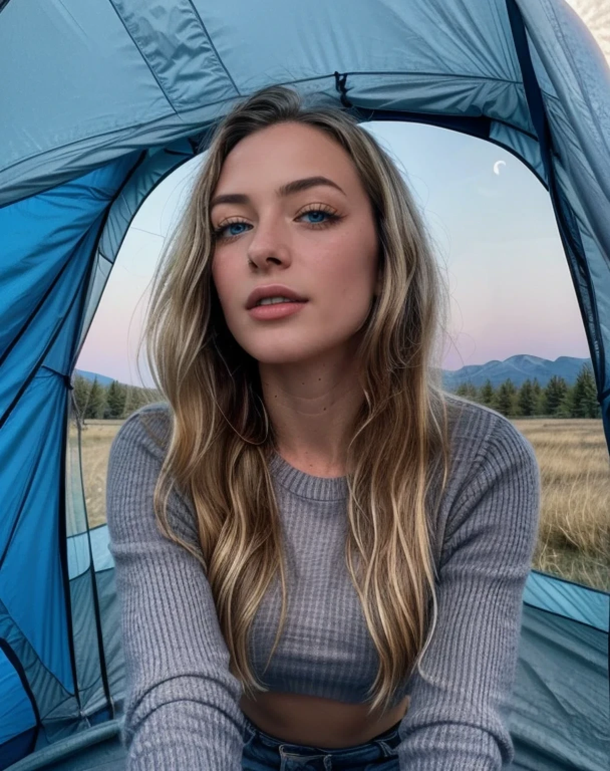 1 Frau, American, Nice, blue eyes, honeyfarbenes Hair,((upper body-Selfie, Happy)), Filming in the tent, Nicee Hintergrundbeleuchtung, Tent Open Sign,​masterpiece, best quality, Ultra-detail, alone, Forecourt, (the night), Mountains, Natur, (star, The moon) cheerful, Happy,, Cozy in the sleeping bag, In the tent, When you open the tent, Outside you can see some nice riders.., woods, Rock formations, Rivers, wood, smoke, cute, contrast, blue sky, analog style (look up at the viewer:1.2) (Skin texture) (film grain:1.3), (warm hue, warmer Ton:1.2), close up shot, cinematic light, sidelighting, Die Ultra-Highres, Best Shadows, ..SPIRIT, upper body, wearing sweater, Relaxed and intimate photos, blonde hair,