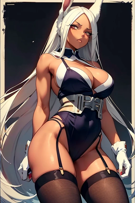 Mirko, also known as Rumi Usagiyama in "Boku no Hero Academia", is a professional heroine with a striking and strong appearance. Of medium height, his well-defined muscles highlight his strength and agility. She has long silvery-white hair, always tied in a high ponytail, with two loose strands framing her face. His eyes are an intense red, exuding confidence and determination. Their most distinctive features are their large, pointy rabbit ears that extend upwards. His hero costume is predominantly white with purple accents, consisting of a tight leotard that accentuates his athletic form. She wears a wide belt with a carrot symbol on the buckle, as well as white gloves and bunny boots that complement her image. Mirko has tanned skin and an incredibly athletic physique, with toned muscles that reflect his fighting ability., (wearing),+,(\A maid uniform with The apron is made of sheer, almost translucent black lace, which barely hides the maid's curvaceous body underneath. The front falls scandalously low, exposing the fullness of her breasts and most of her cleavage. Thin straps hold the apron in place, digging into your shoulders and drawing attention to your toned arms. Her corset is a slinky red number with built-in push-up cups that enhance her already impressive bust size. The corset has a deep V-neckline that disappears into the apron, emphasizing her ample cleavage. Thong-style laces crisscross her back, drawing attention to her narrow waist and the tantalizing hint of her ass. Her miniskirt is made from the same sheer lace as her apron, ending at mid-thigh to give a full view of her toned legs and the red garter belt wrapped around them. The garter belt supports fishnet stockings that ride up mid-thigh, adding a touch of fetish to the overall look. On her feet, she wears stiletto heels with ankle straps, enhancing her seductive and leggy appearance. Her hair is styled in loose, tousled waves, framing her face and drawing attention to her full lips, painte